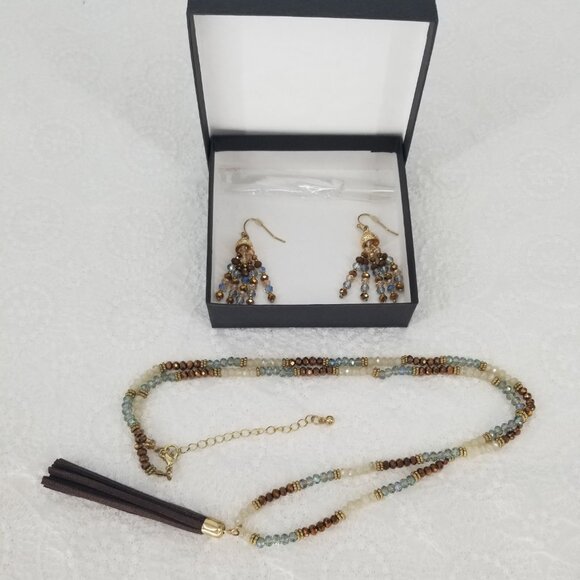 Beaded Necklace & Earrings Blue, Brown, Gold, Bohemian, Town & Country, Fall - Picture 1 of 5